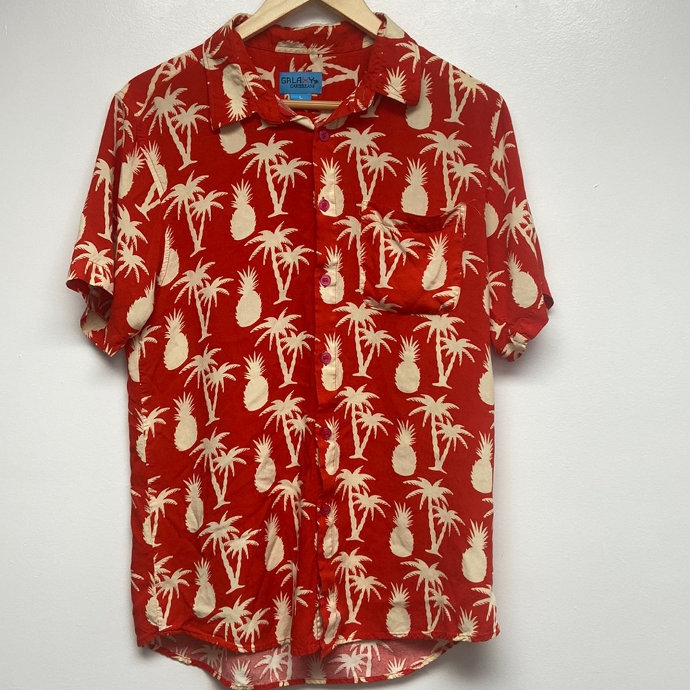 Caribbean Pineapple Mens Orange Hawaiian Button Up Shirt Size Large